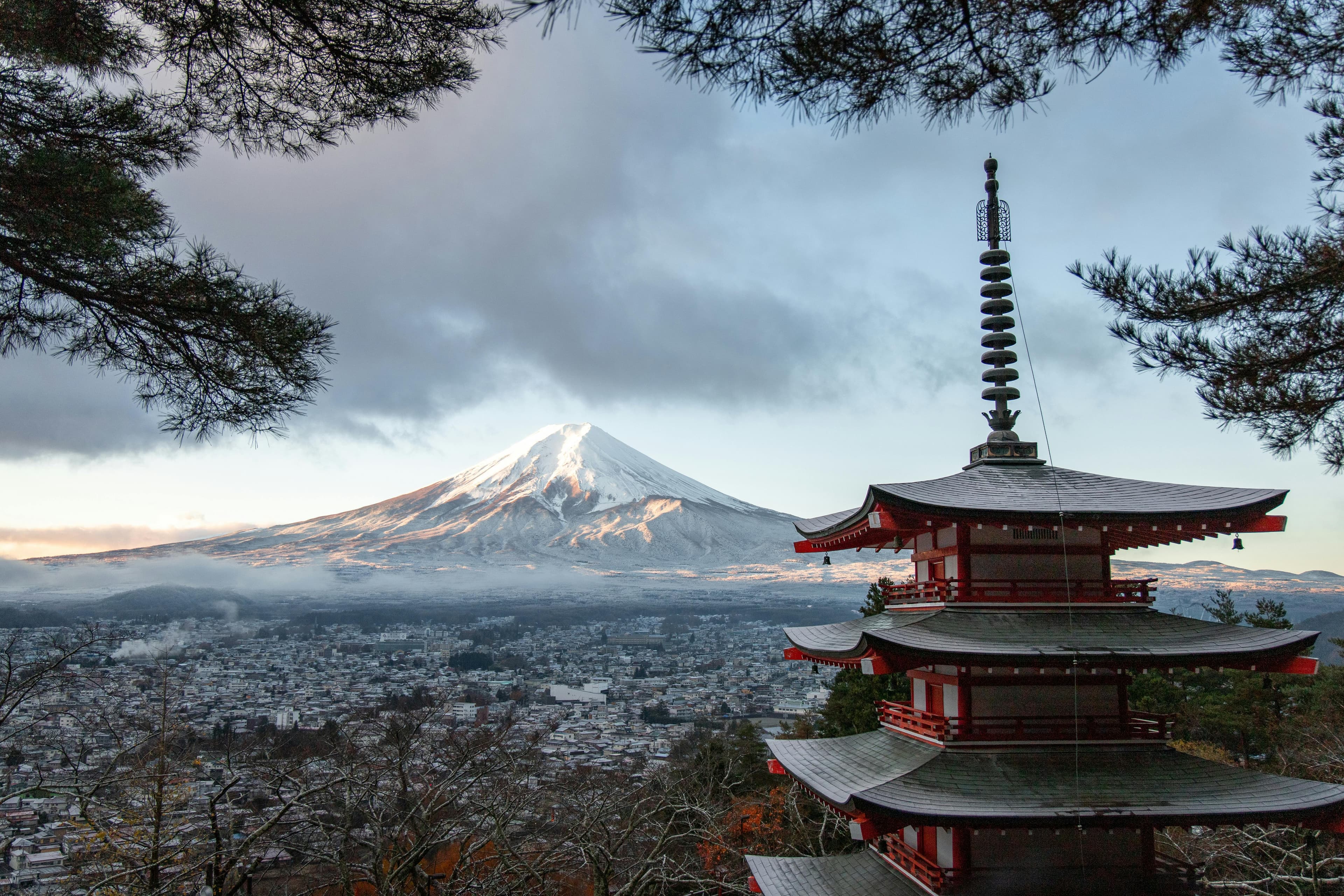 Snowy Japanese mountains with ski tracks